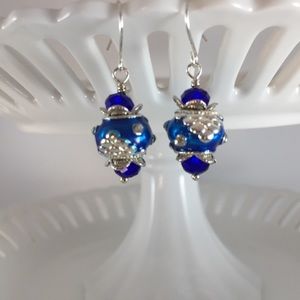 Earrings Royal Blue Silver .925 Plated Crystal New Handmade